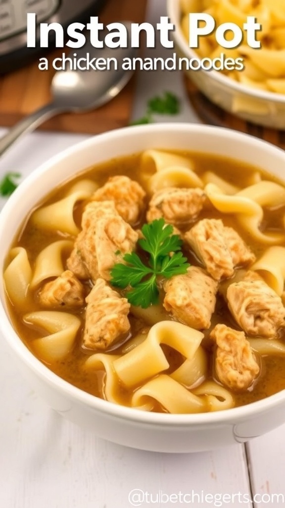 A bowl of chicken and noodles with parsley garnish, served in a rustic kitchen.